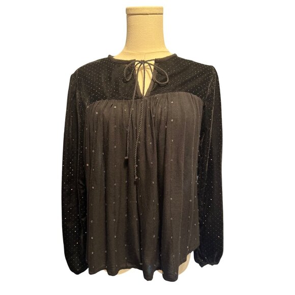2/$30 Zara Black M Velvet  Sheer Long Sleeve Embellished Blouse Neck Tie - Picture 4 of 13